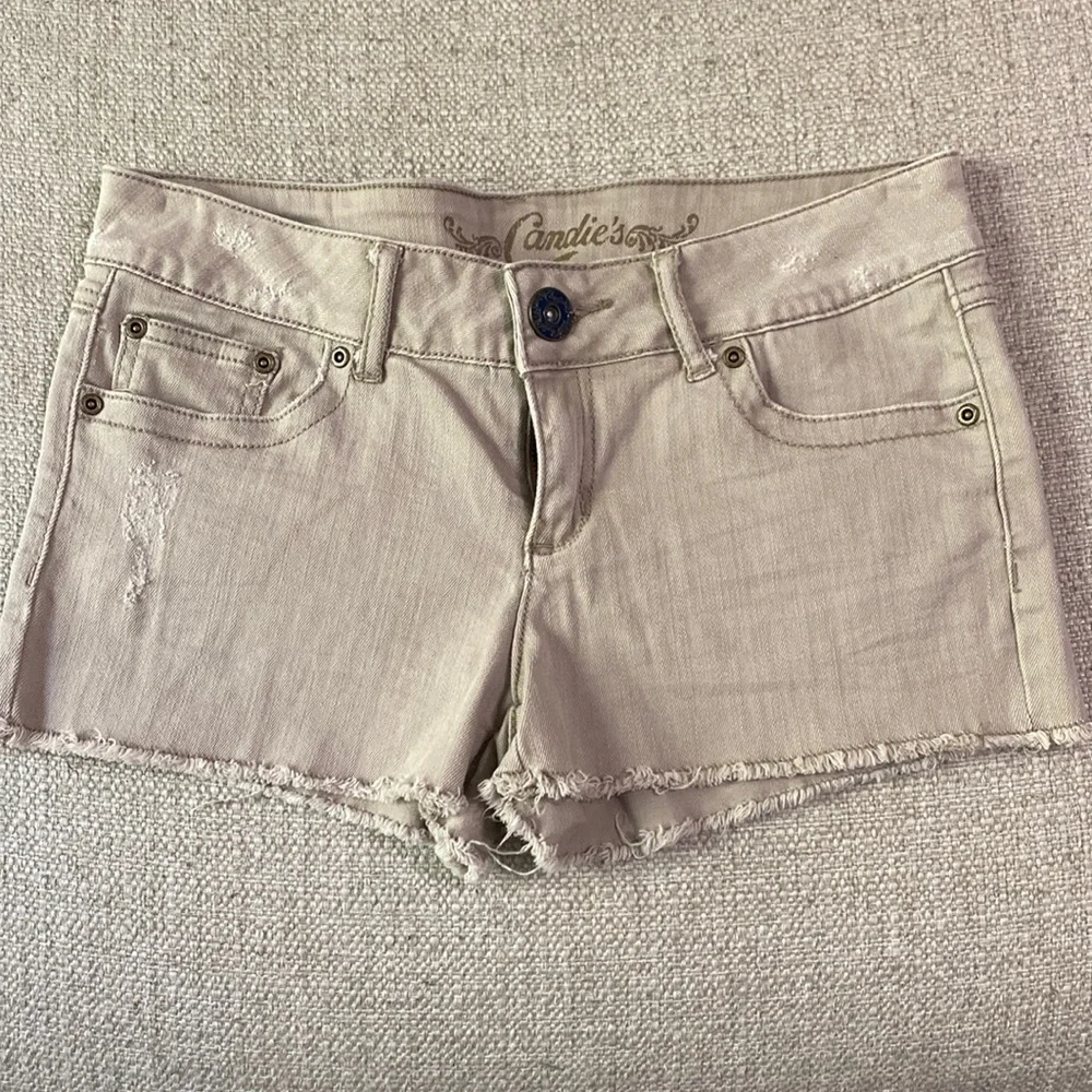Candies Tan Khaki Distressed Low Rise Frayed Raw Hem Denim Jean Shorts 7